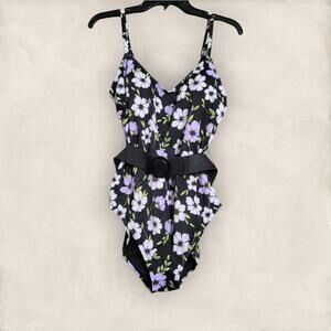 Beach Betty by Miracle Brands One Piece Black Floral Print With Belt Size Large